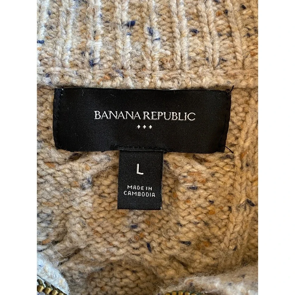 Banana Republic Full Zip‎ Cable Knit Sweater Size L Beige Wool Fisherman Old $